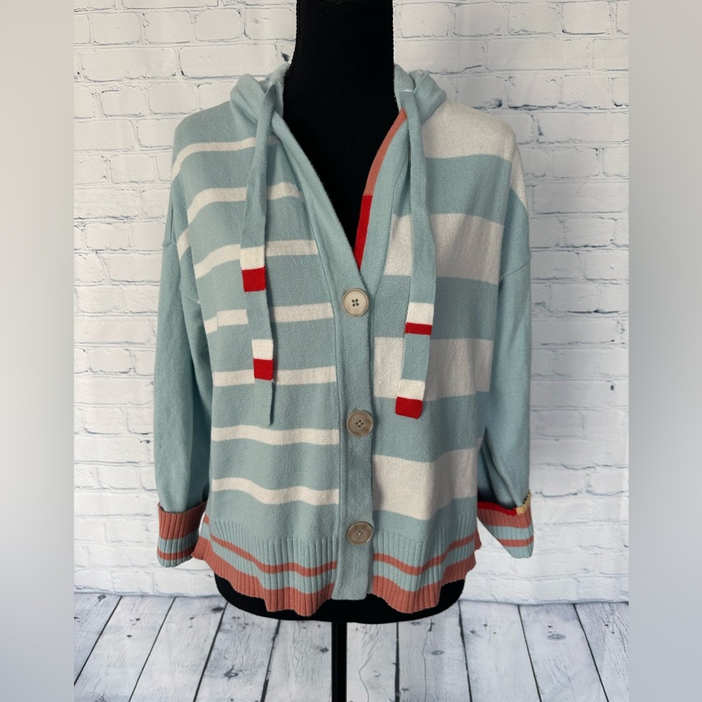 NIC+ZOE Striped Hooded Button-Front Sweater Cardigan, Light Blue/White, LP